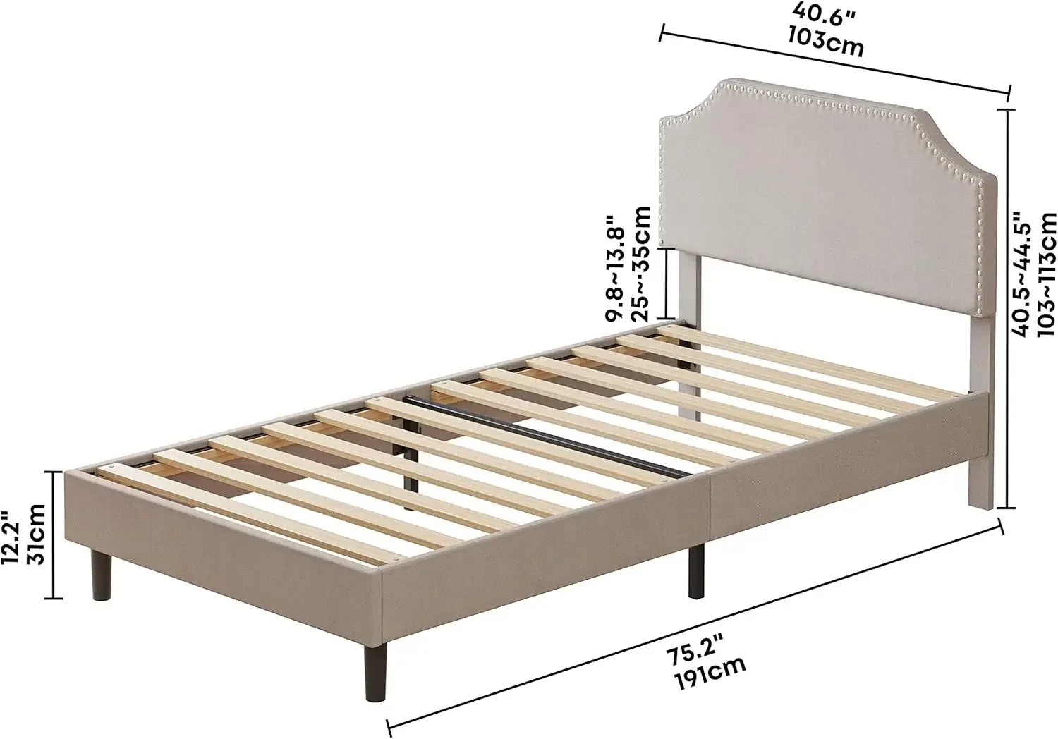 Upholstered Platform Twin Bed Frame with Nailhead Trim Headboard, Height Adjustable, No Box Spring Needed, Noise-Free, Beige