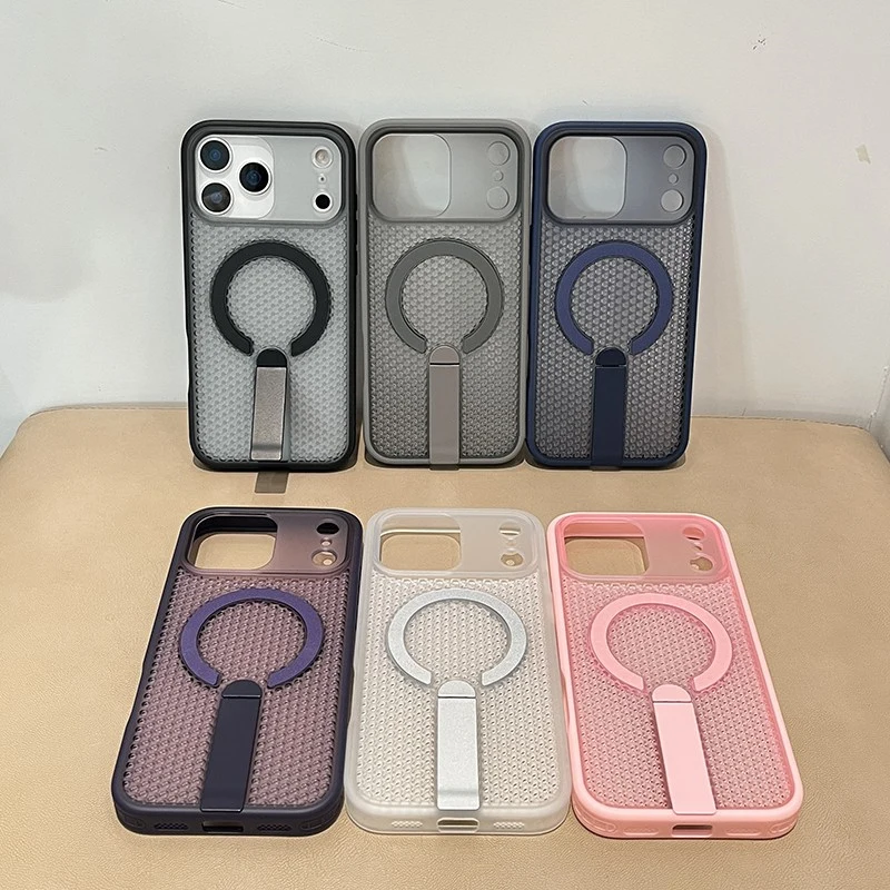 Suporte de metal magnético caso de telefone para iphone 17 17pro max 15 16 14 13 oco favo de mel malha carregamento sem fio borda macia pc capa