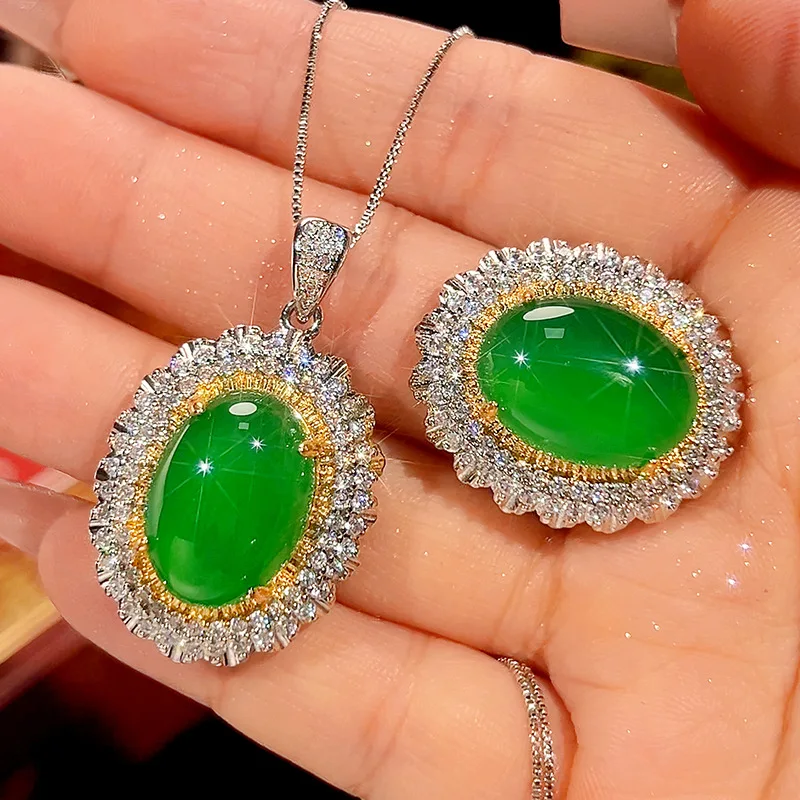 

Exquisite Oval Green Agate with Adjustable Ring Sparkling Zircon Encrusted Pendant Necklace Women Elegant Party Wedding Jewelry