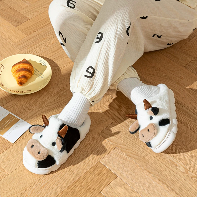 

Милые коровьи плюшевые тапочки для женщин и мужчин, теплые нечеткие тапочки с животными, уютная домашняя обувь для дома и улицы