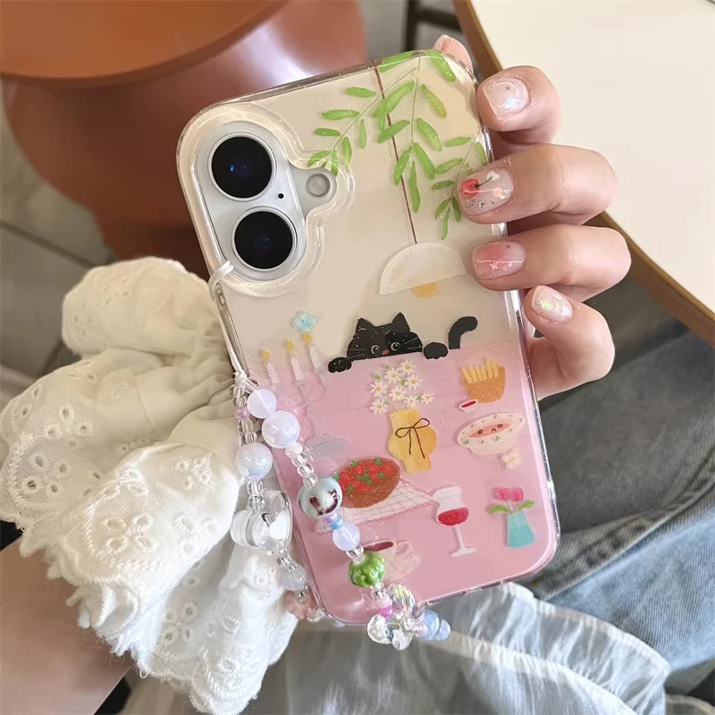 Ins Girl Cute Dining Table Little Black Cat Cartoon Phone Case For iPhone 17 16 15 14 13 12 11 Pro Max Y2K Creative Black Cover