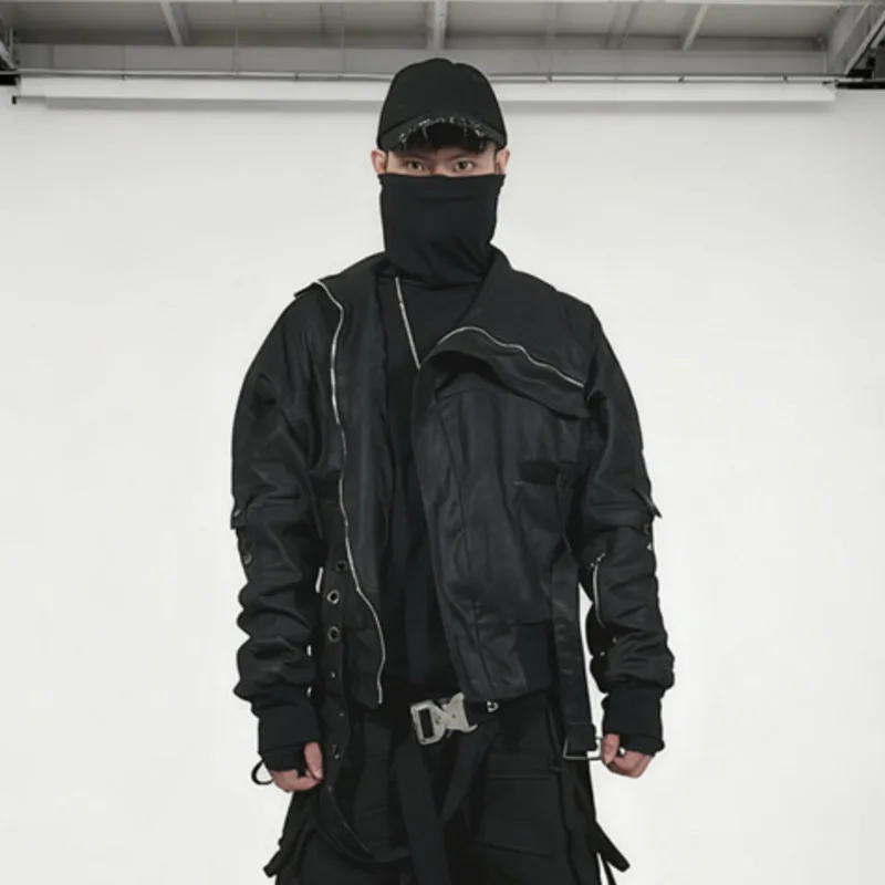 HKSH Spring Autumn New Man Waste Land Dark Style Zipper Deconstructed Waxed Asymmetric Sashes Turtleneck Punk Ins Jacket HK14156