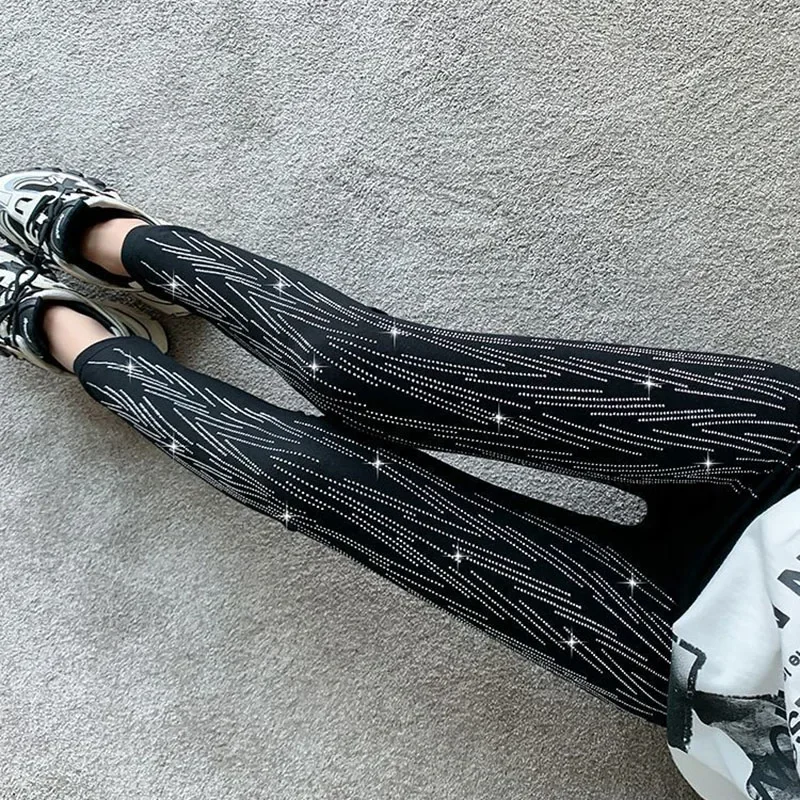 Xpqbb Black Stretch Rhinestone Skinny Leggings Women Autumn Winter Thick Velvet Ankle-Length Pants Tide Elasticit Shinny Legging