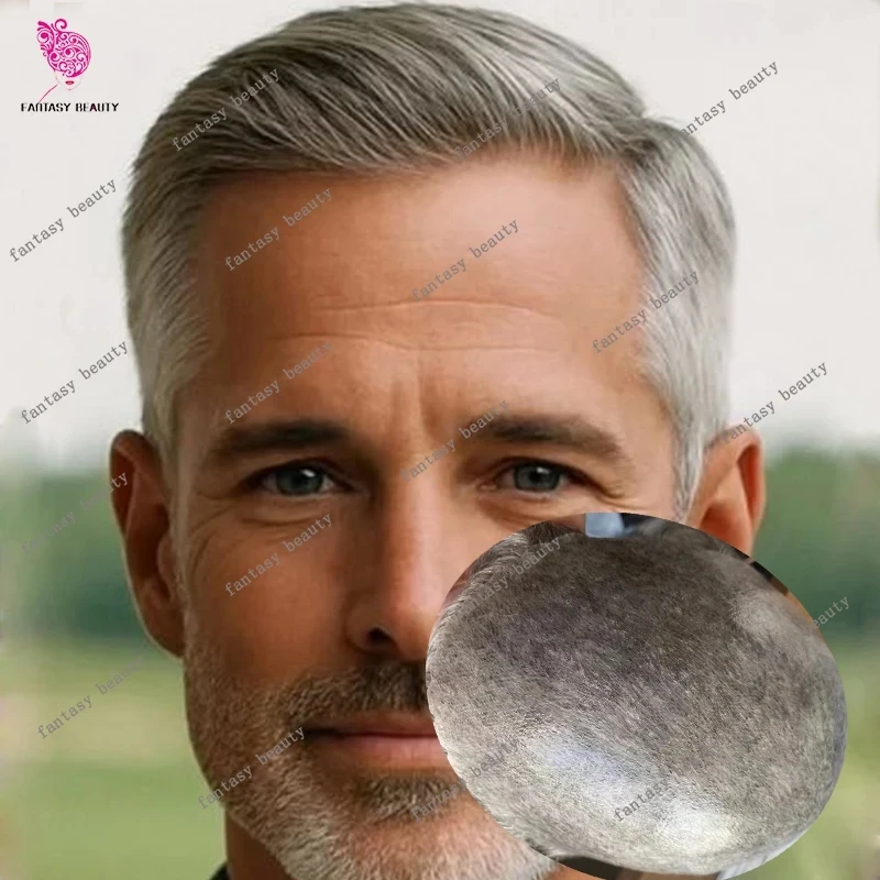 

Undetectable Dark Brown Gray 1b40 1b80 100% HumanHair Male Wig Durable Thin Skin PU Base Mens Toupee Natural Hairline Hairpiec