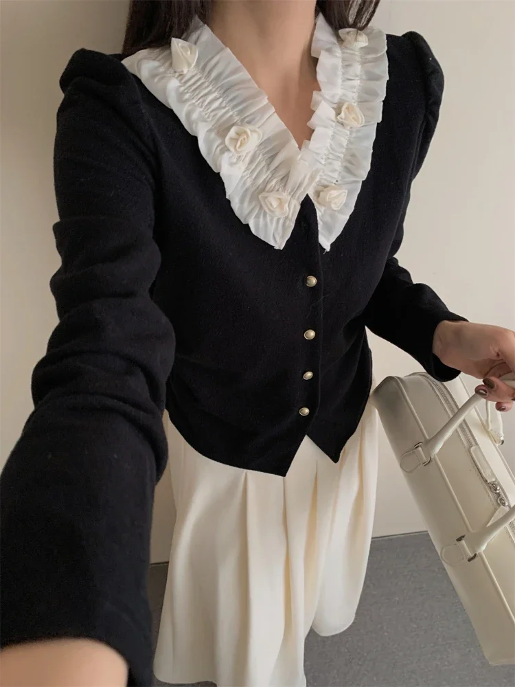 

Three Dimensional Flower Ruffles Collar Shirt Women Korean Style Daily Simple Temperament Elegant Cardigan Slim Blouse Tops Lady