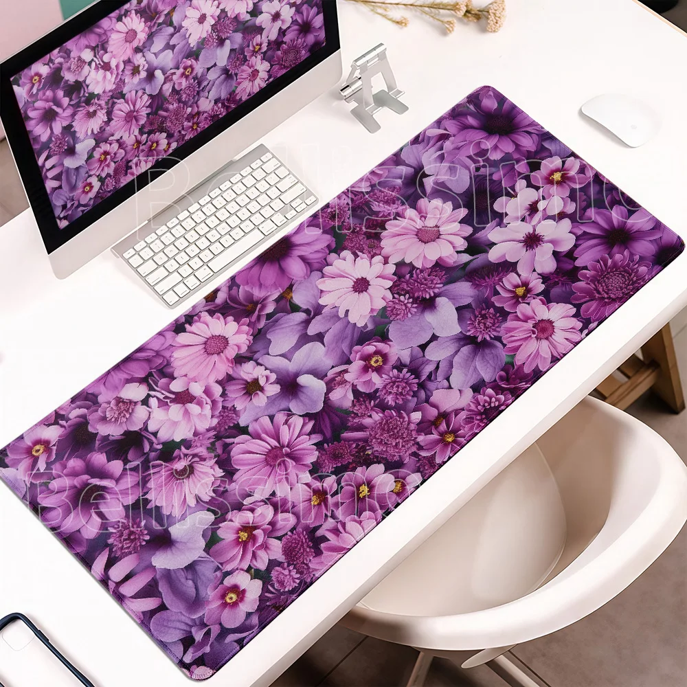 Pastel Pink Daisy Floral Gaming Mousepad Soft Flower Leaf Print Non-Slip Desk Mat for Girls Rubber HD Office Laptop Keyboard Pad