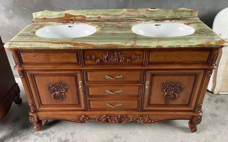 Cabinet Solid Oak Wood European-Style Bathroom Marble Double Basin Toilet Vanity Dual-Pot Sink Bath Combination