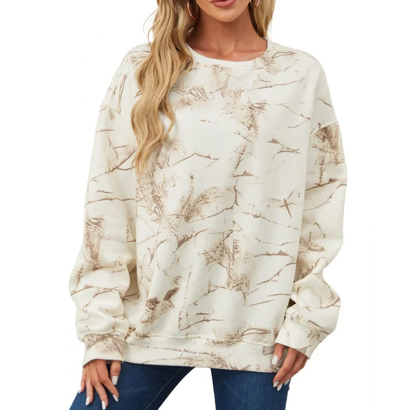 2024 popular women\'s camouflage sweatshirt Maple Leaf Chinese Restaurant print oversized camouflage crew neck sweatshirt pullove