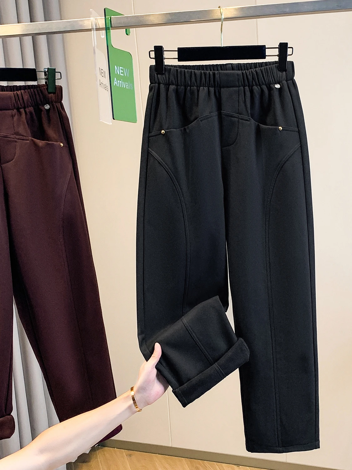 Inverno Thiened Fce Forrado Harlan Calças Casuais Femininas Plus Size Leggings Quentes Cintura Alta Calças de Corte Reto