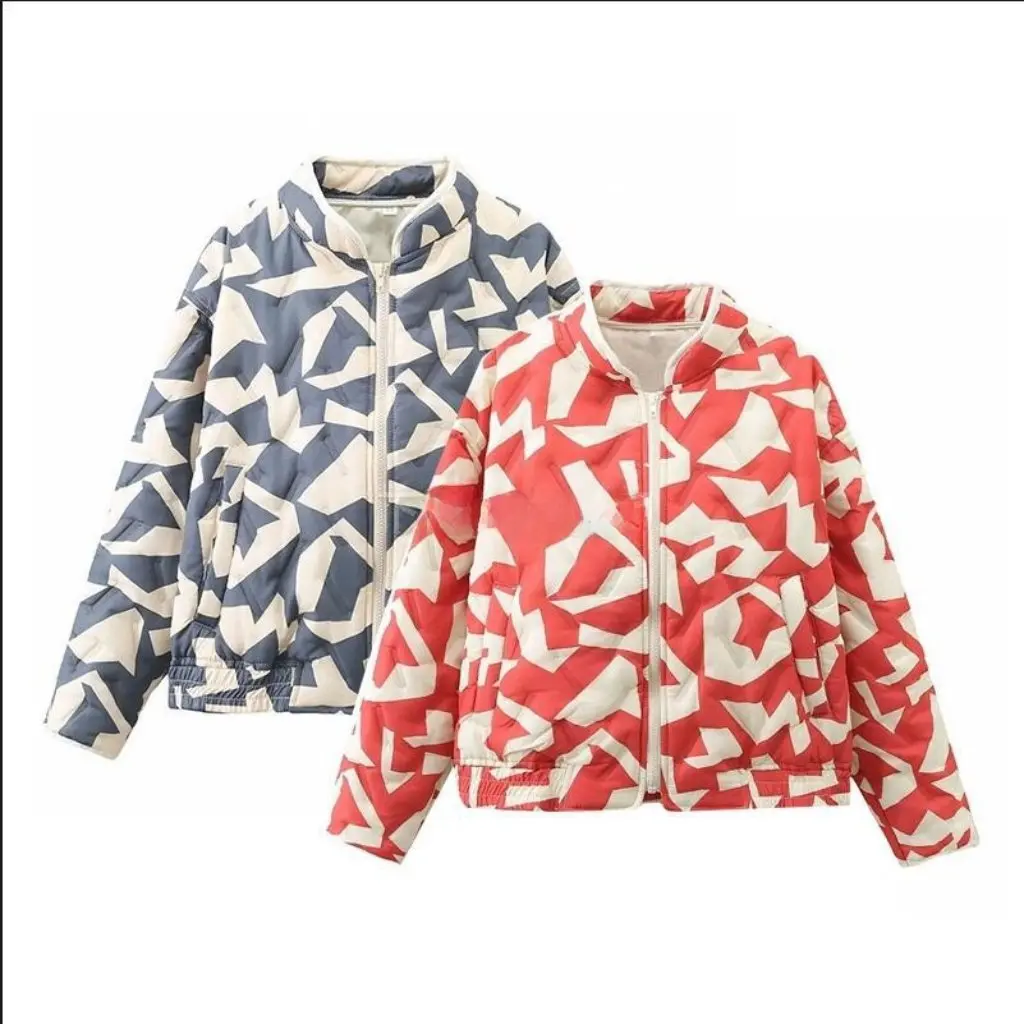 

Women's Quilted Zipper Jacket Autumn Winter Loose Short Embossed Cotton-Padded Printed Style European American
