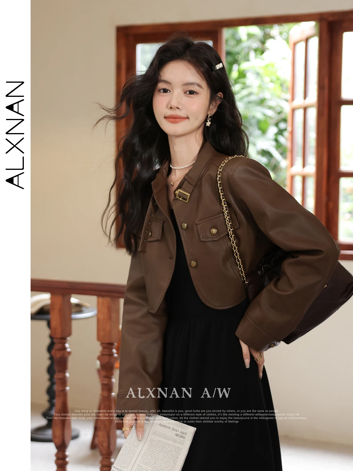 ALXNAN Women's Retro Leather Jacket Adjustable O-neck Metal Button 2024 Fall Winter Cropped Outerwear Sold Separately LXN32260PY