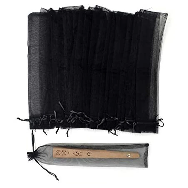 ●50Pcs Black Hand Fan Organza Bags 2 X 10 inch Sheer Halloween Drawstring Pouches Folding Fan Gift Bags-ABFB