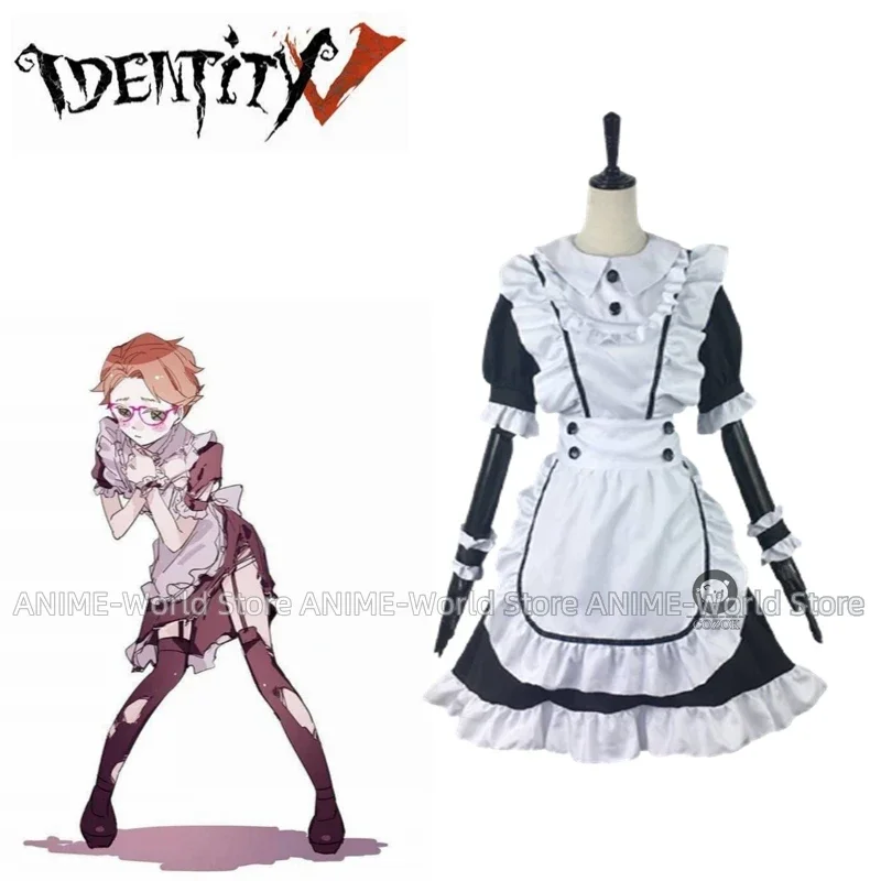 Lucky Guy Maid Costume Cosplay Game Identity V Unisex Man Female Cafe Black Maid Cospaly Costume Dress+Apron+Wrist+Bow