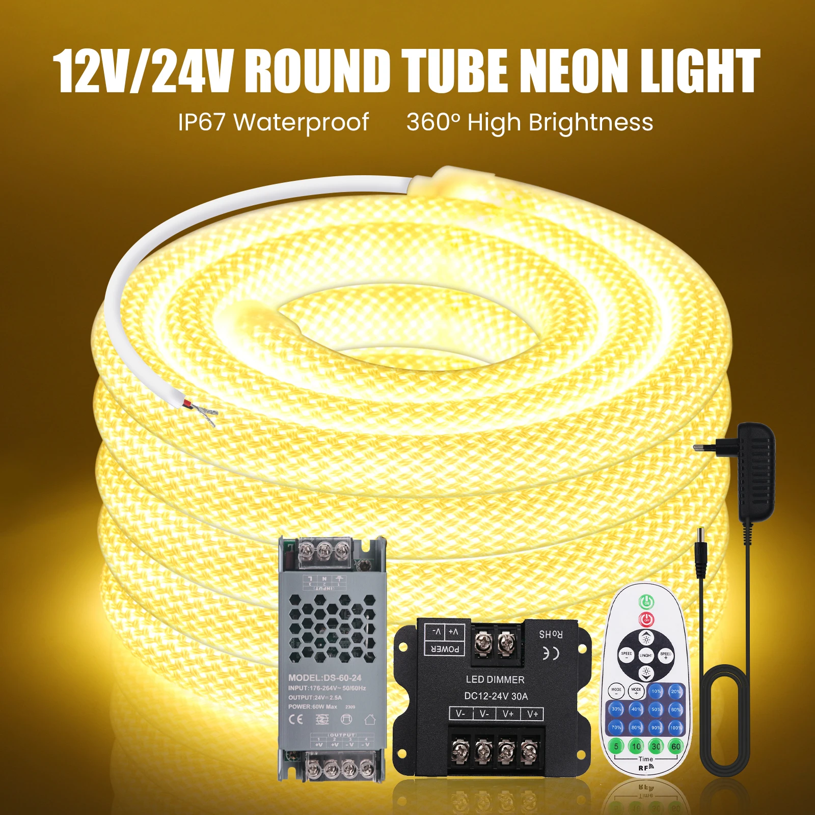 

12V 24V Round Reticulate Neon LED Strip 360 Degree Warm/Natural/White Flex Silicon Light Tape Waterproof With Dimmer Power Kit