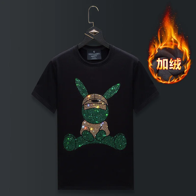 Plus Size Short Sleeve T Shirt Men Winter Clothes Cartoon Rabbit Rhinestones Streetwear O Neck Thick Velvet Heat Tshirts Camisas