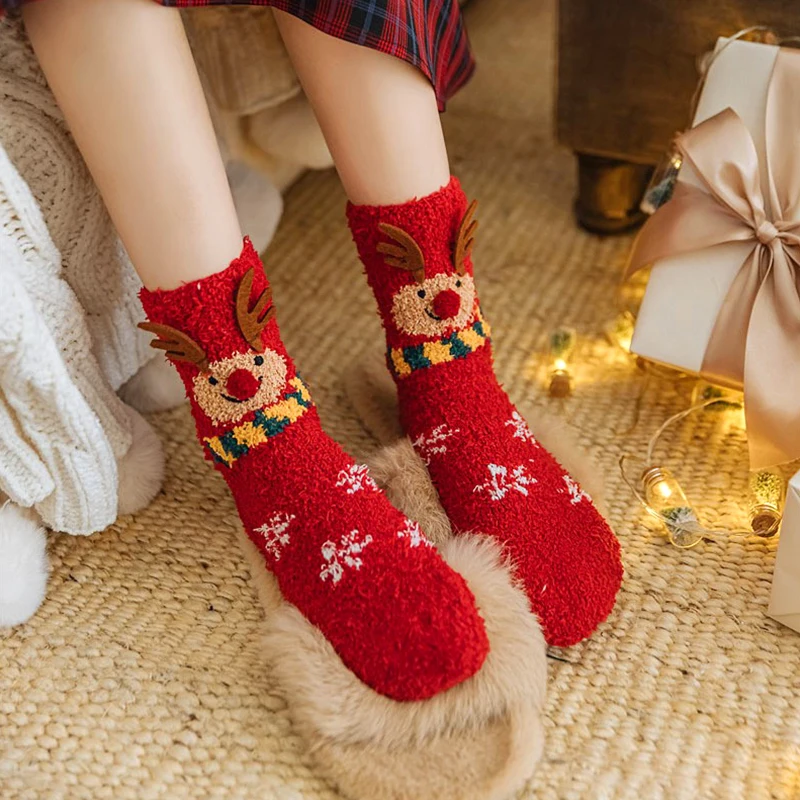 Cartoon Fluffy Christmas Socks Coral Velvet Santa Claus Snowmen Elk Thick Warm Floor Socks Happy New Year Xmas Noel Navidad Gift