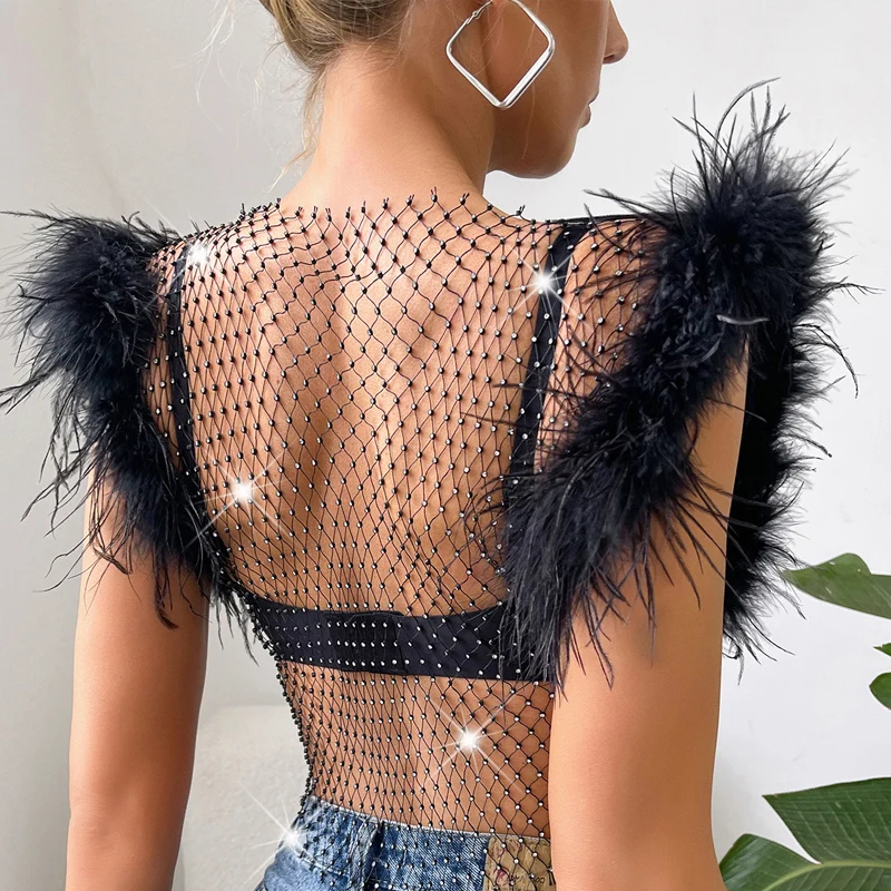 Sparkling Fishnet Mesh Rhinestone Embellished One-Shoulder  Sleeved Crop Top with Feather Ruffles for Nightclub Parties