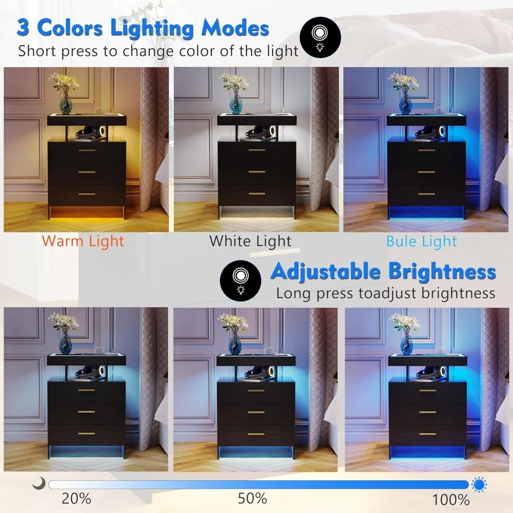 2 Set Nightstands with Wireless Charging Station, Auto Sensor 3 Color Dimmable LED Night Stand, Bedside Table with 3 Drawers