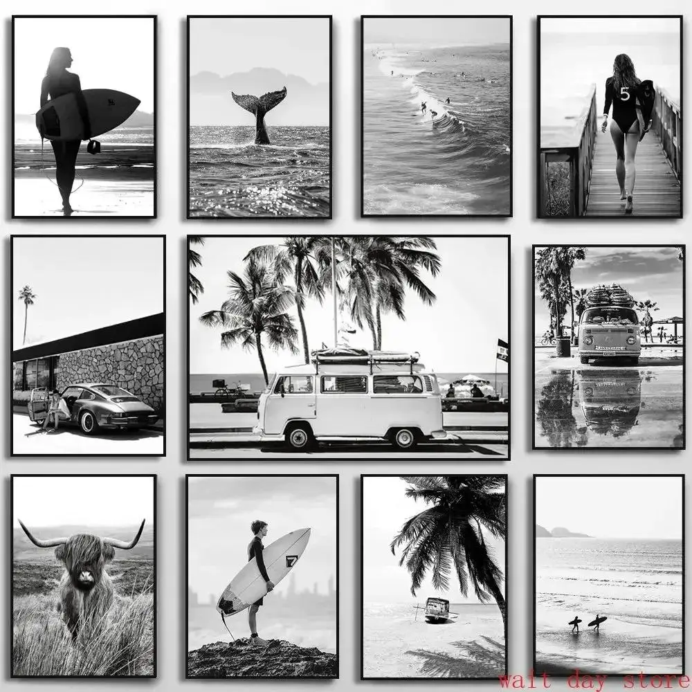Beach Camper Van Surfing Ocean Landscape Wall Art  Palm Tree  Surfboard Canvas Painting  Home Room Decor Poster Prints