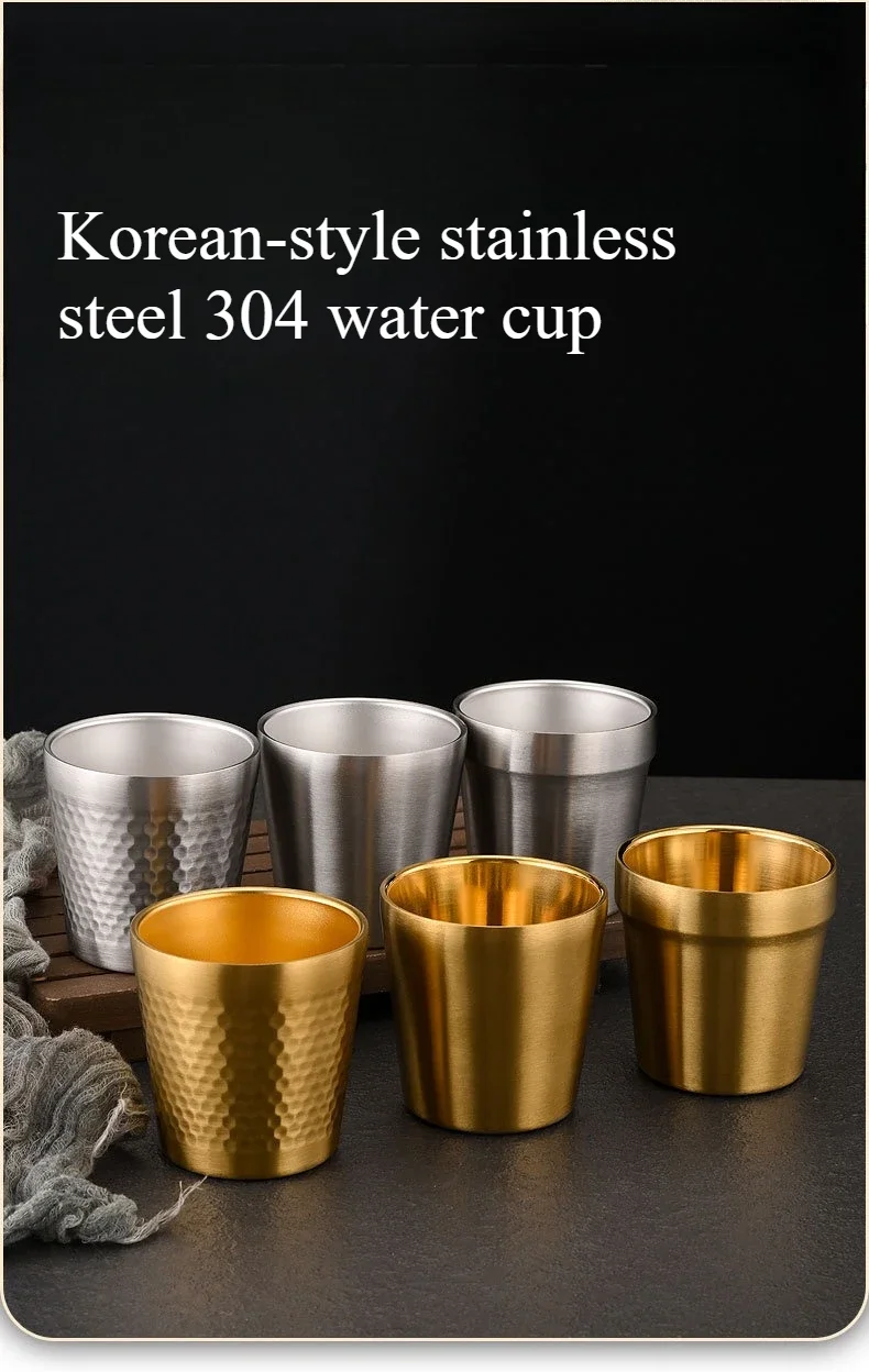 Doppelschichtiger goldener Trinkbecher aus Edelstahl 304 im koreanischen Stil für Grill, Restaurant, Bierbecher, Teetasse, Getränkebecher