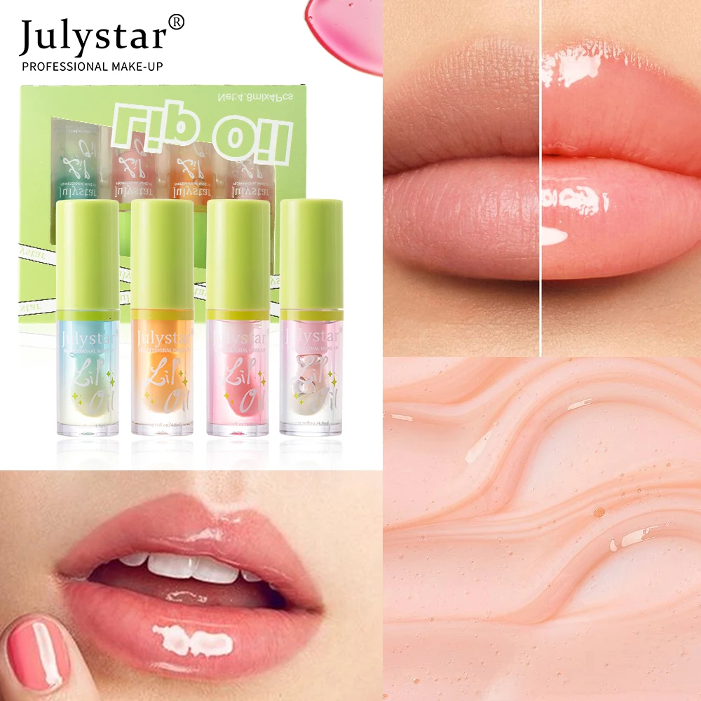 カンタロープ リップオイル 4本セット、保湿・潤い、大きなヘッドブラシ付きリップバーム、ミラー付き保湿、リップグロス、リップケア、ビューティー