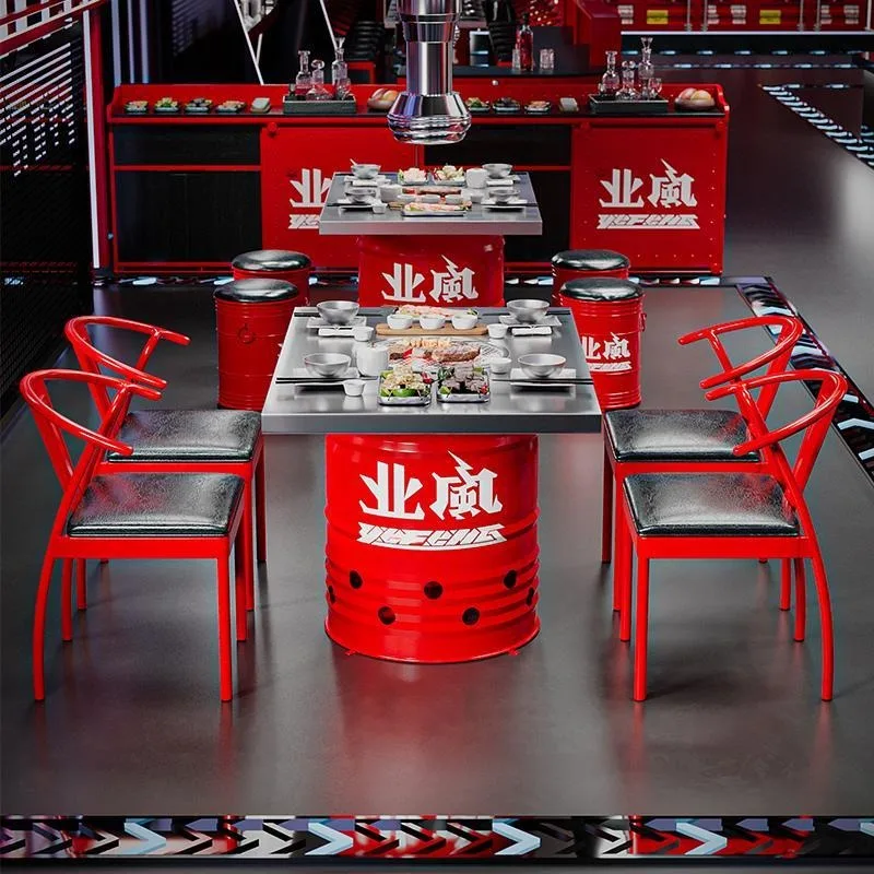 Stainless steel charcoal barbecue table wrought iron dining table oil drum table and chair combination