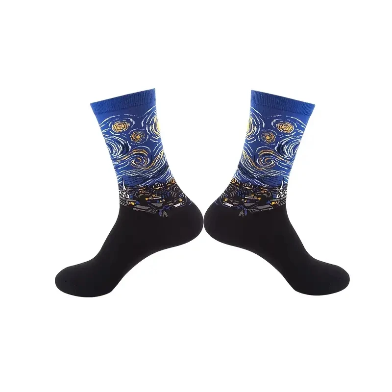 1 Pair Women Retro Abstract Oil Painting Art Sock Shout Modern Van Gogh Starry Night Happy Oil Painting Comfort Skateboard Socks