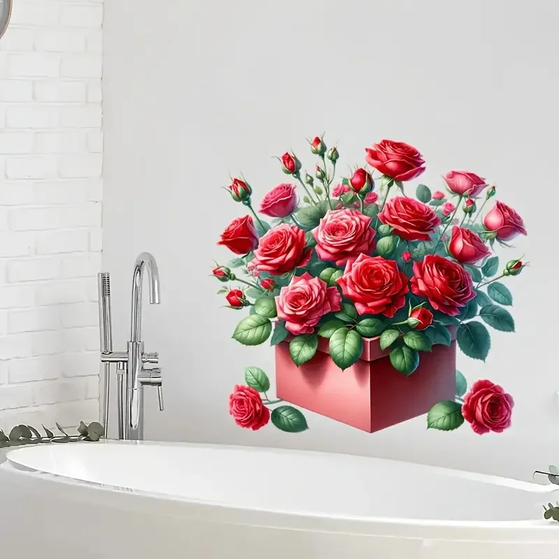 A Box of Red Roses Self-Adhesive Toilet Stickers,Wall Decal Removable, Reusable PVC Sticker for Toilet Lid, Bathroom Decor