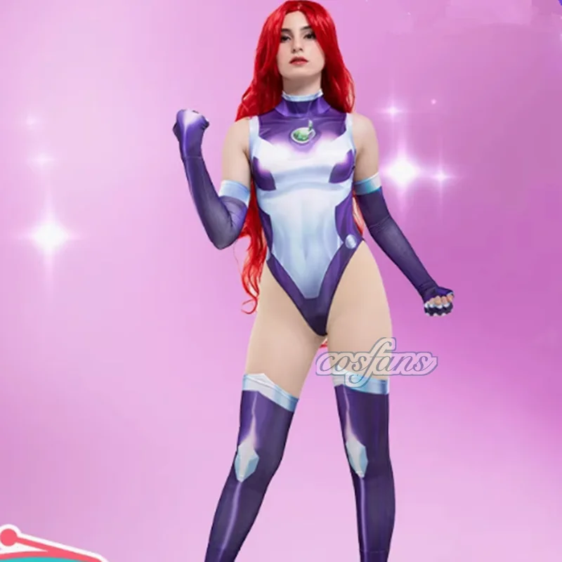 코스프레 Starfire 슈퍼 히어로 점프 슈트 Zentai Bodysuit 할로윈 애니메이션 코스프레 의상 섹시한 여성 카니발 파티 의상