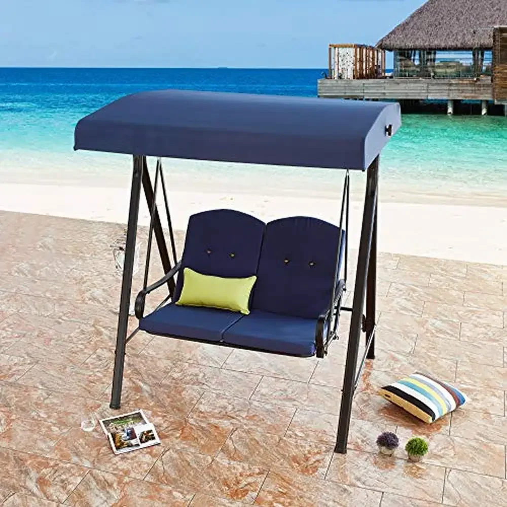 2-Seats Adjustable Canopy Steel Frame Patio Swing Outdoor Furniture Weather Resistant Blue Seat Comfortable Design UV Protection