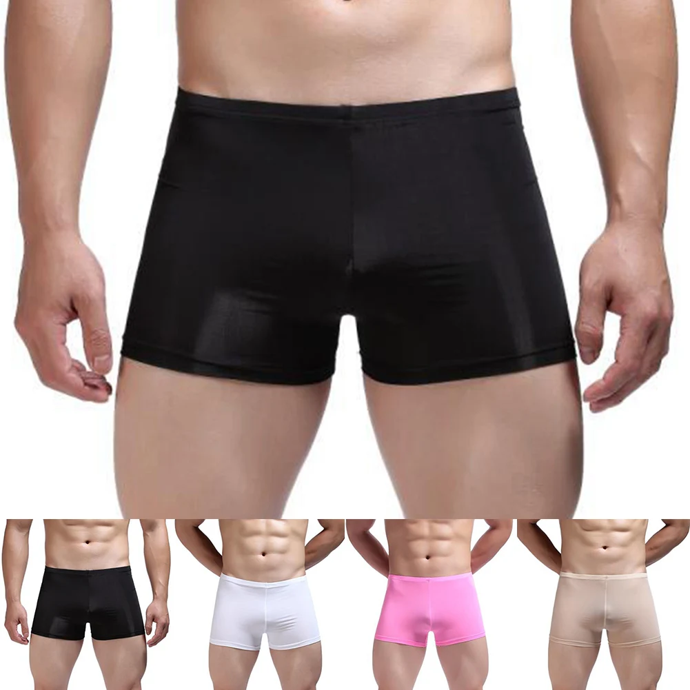 Ice Silk Men Boxers Trunks Stretch Underwear Low Rise Shorts U Convex Pouch Panties Mens See Through Underpants Sleep Bottoms