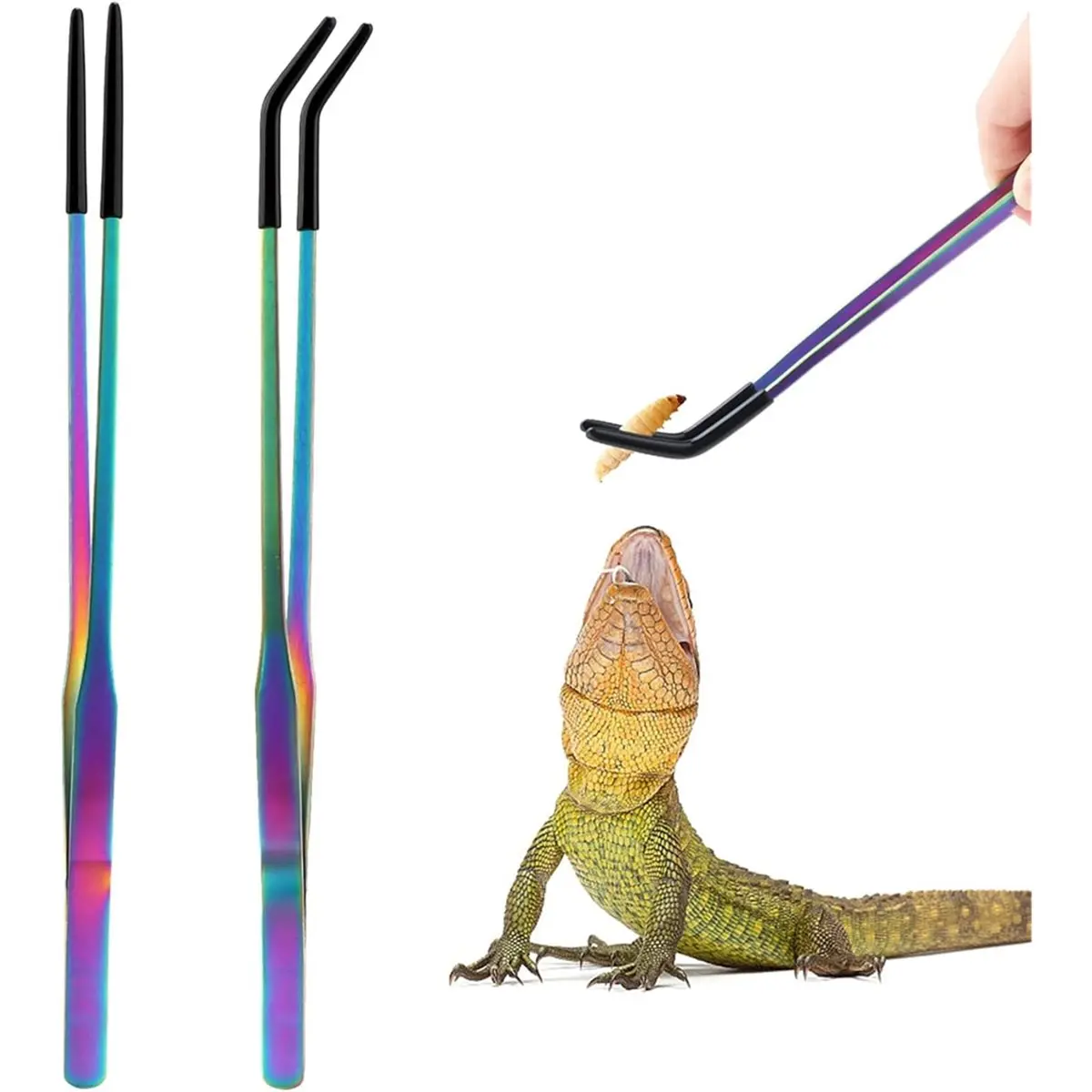 Y98A J~2pcs Stainless Steel Reptile Feeding Tongs with Rubber Tip - 10.6
