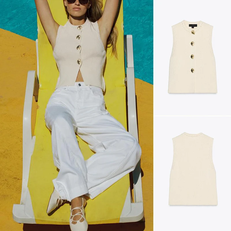 

Новый летний женский вязаный жилет, топ, круглый, с золотыми пуговицами, украшение, простой Sle, полиэфирное волокно 00%