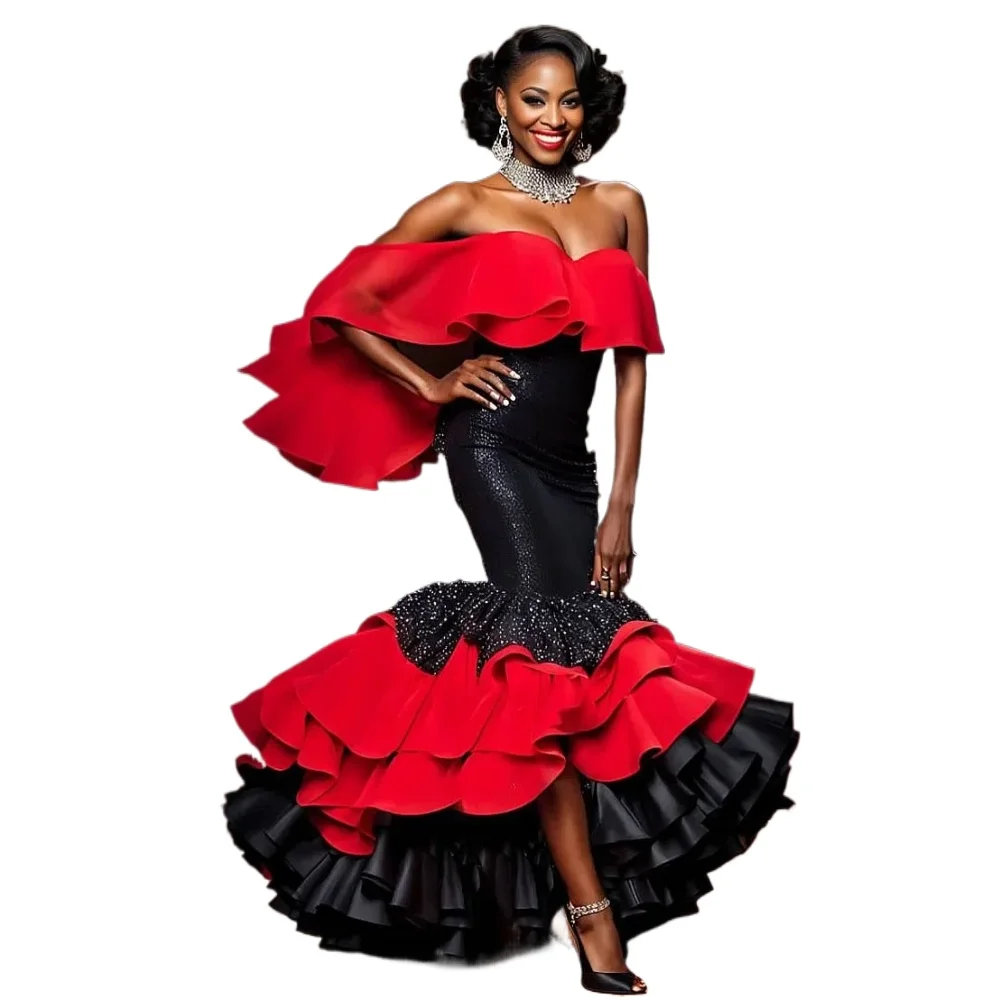 Off The Shoulder Ruffles Bottom Puffy Evening Dress Formal Custom Made Wedding Reception Gown