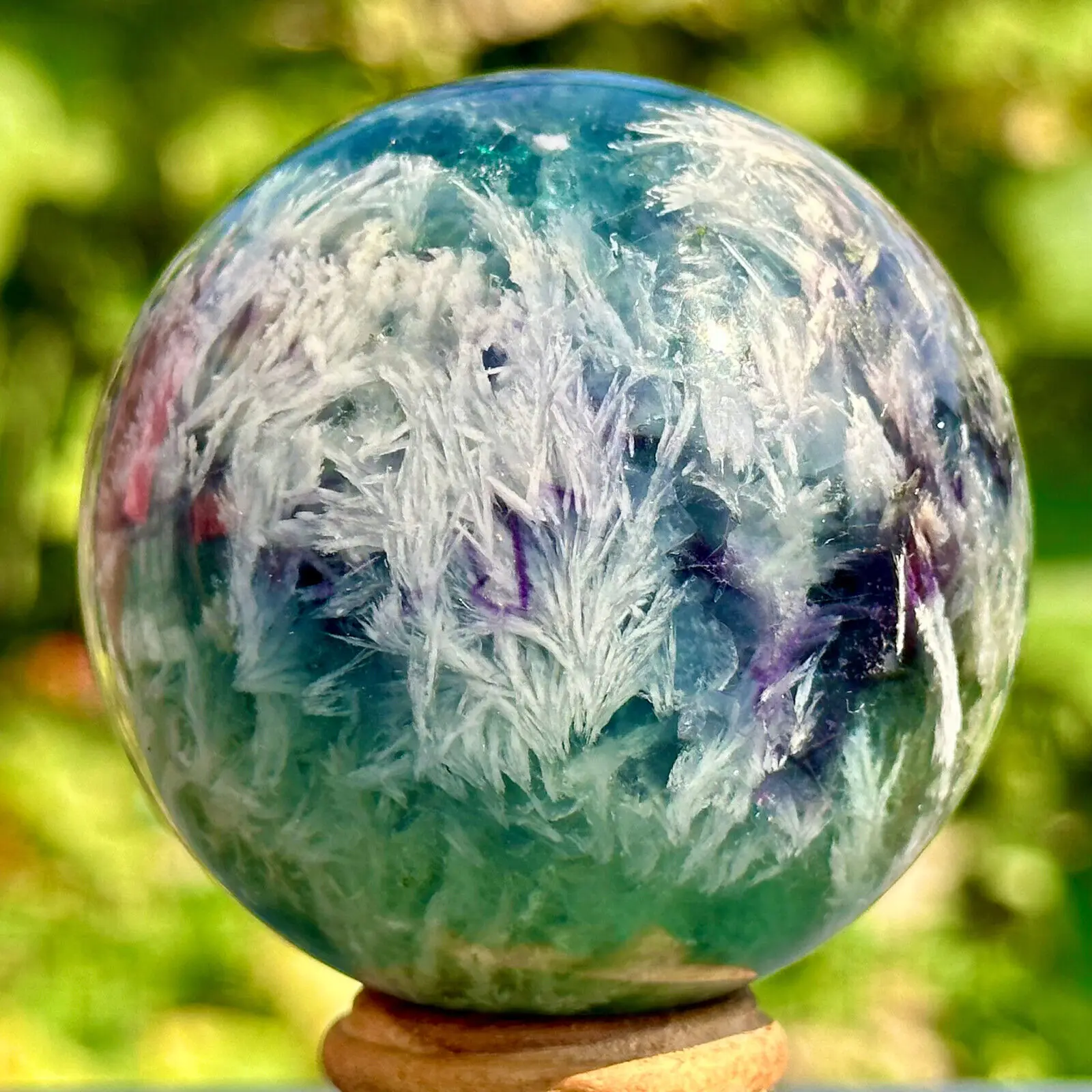 Rare Natural Snowflake Feather Fluorite Ball, Quartz Crystal Energy Healing Ball, Demagnetization Meditation Divination Ball