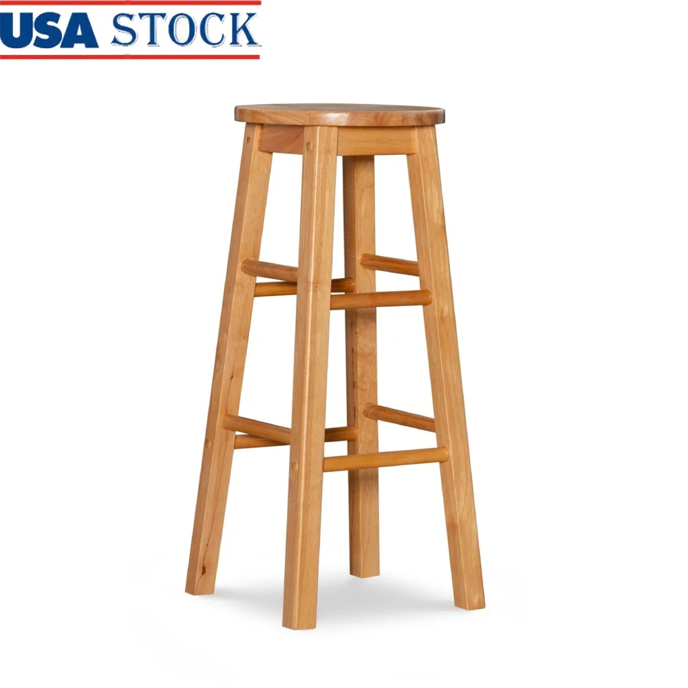 Solid Wood Bar Stool 29 Inch Round Natural Finish Durable Kitchen Dining Room Furniture Comfortable Design Assembly Required