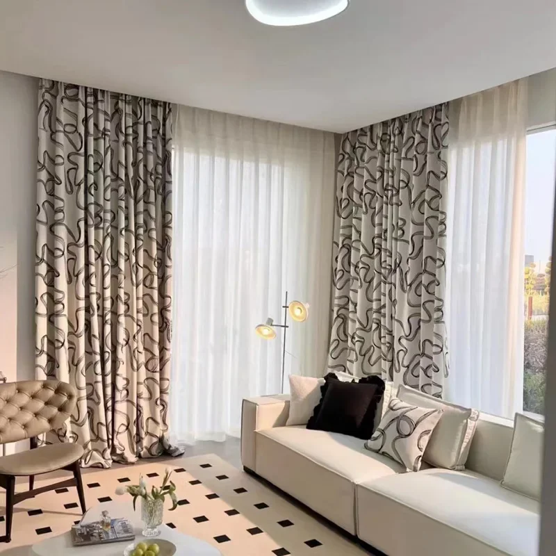 

French Abstract Art Curve Stripes Chenille Black White Jacquard Curtains for Living Dining Room Bedroom Art Space Blackout