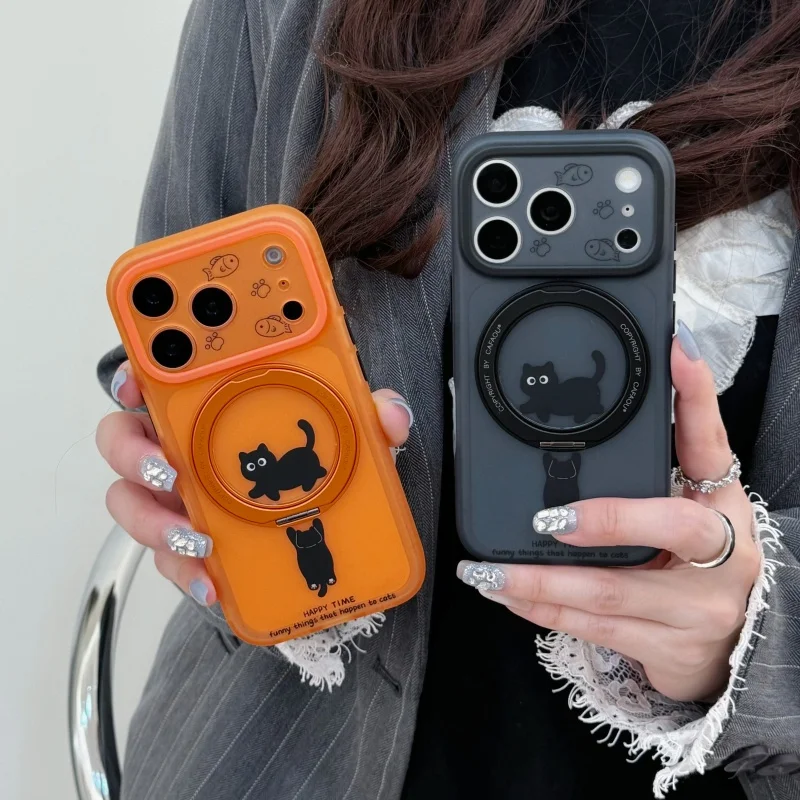 

Fashion Cute Cartoon Black Cat Fish Magnetic Ring Stand Phone Case For Apple iPhone 17 Pro 16 15 Pro Max Back Cover For Magsafe