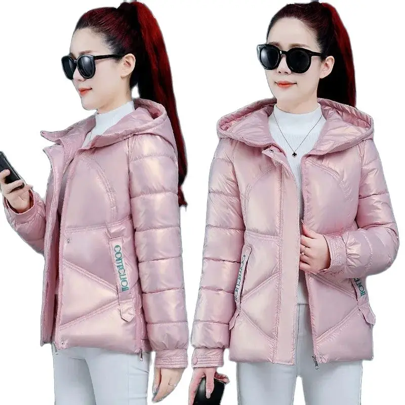 

2023 New Winter Women Glossy Cotton Padded Coat Hooded Warm Thicken Loose Down Cotton Coat Short Outwear Parkas Female Overcoat