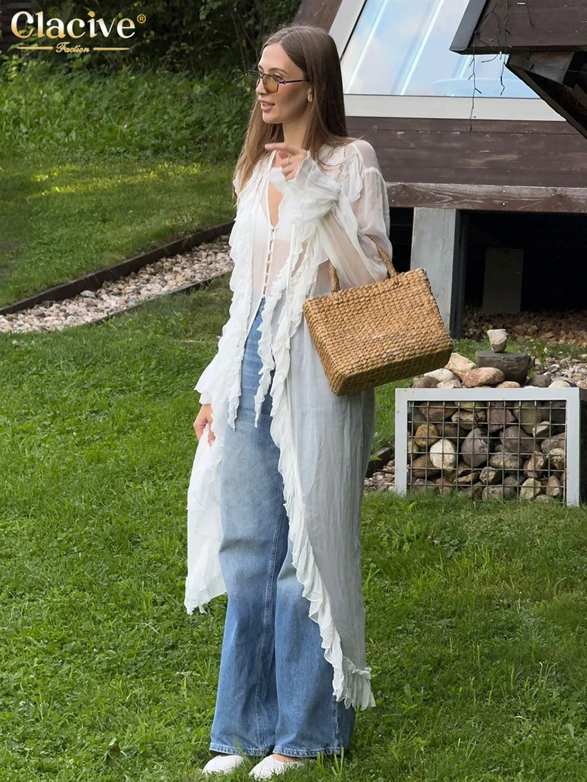 Clacive Sexy Loose White Women's Dress Fashion O-Neck Long Sleeve Ankle Length Dresses Elegant See Through Ruffle Female Dress