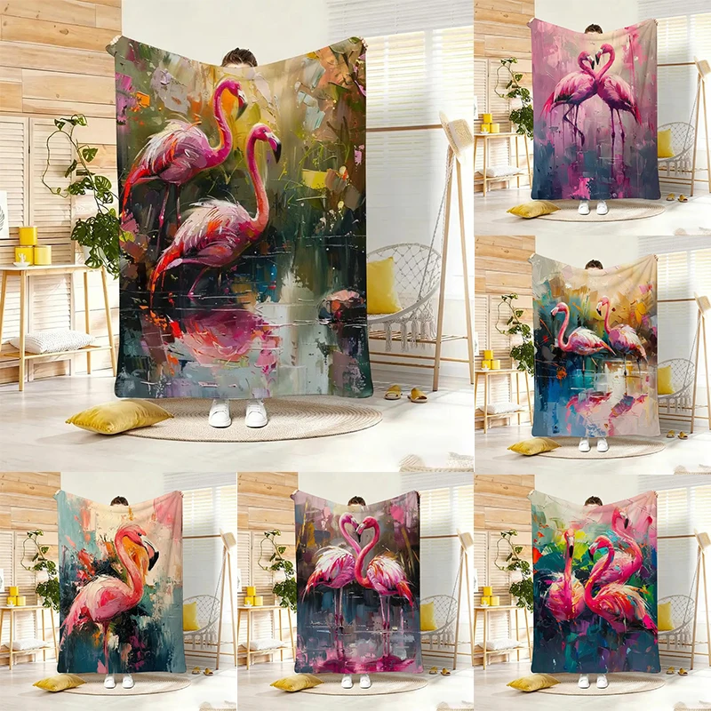 Vibrant Abstract Oil Painting Pink Flamingo Throw Blanket  Tropical Bird Collection Art Decor for Sofa Bedroom Blanket
