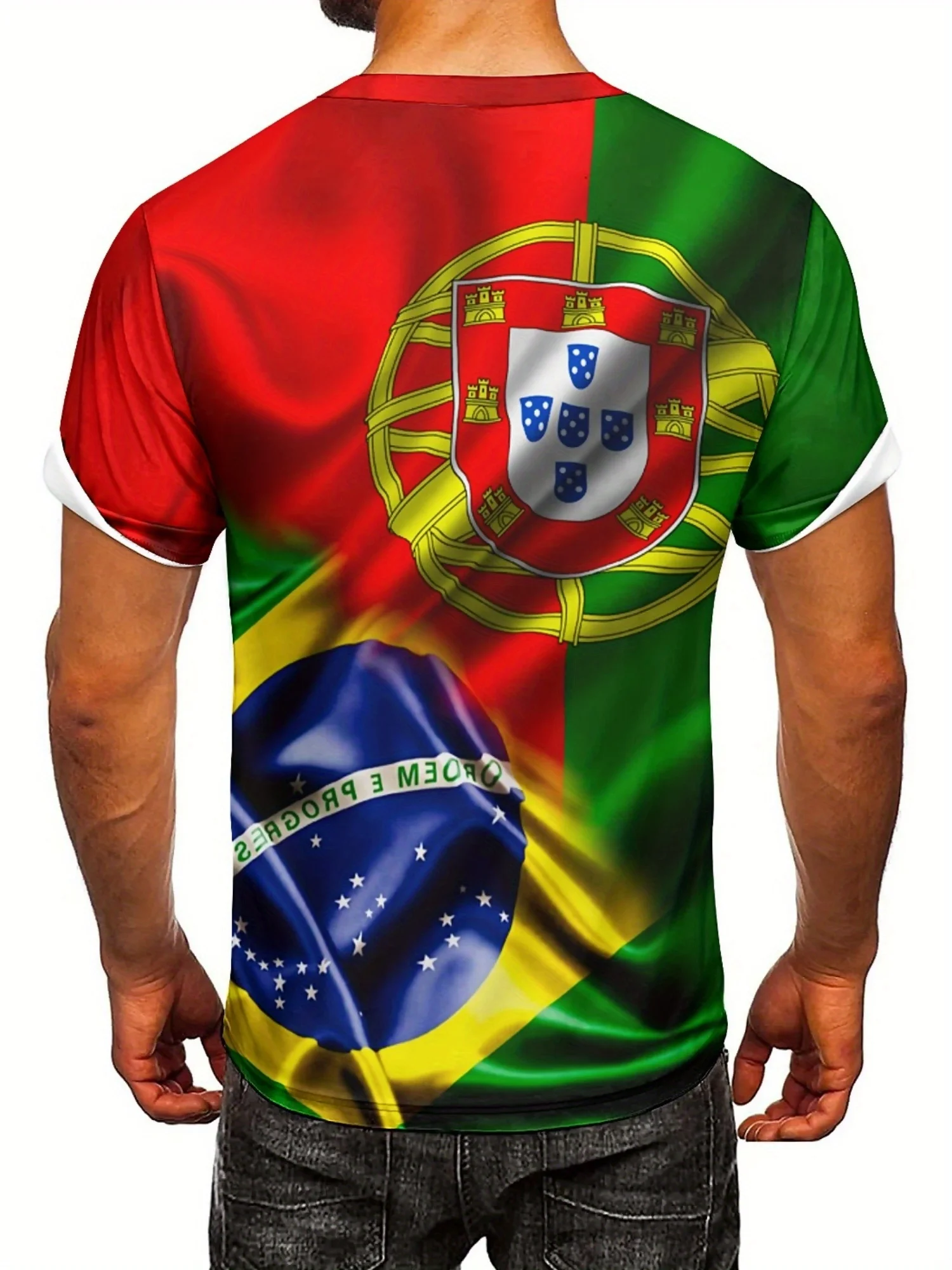 メンズ＆レディース ブラジル国旗カラーTシャツ - ポルトガル＆ブラジル国旗デザイン入り滑らかポリエステル生地Tシャツ