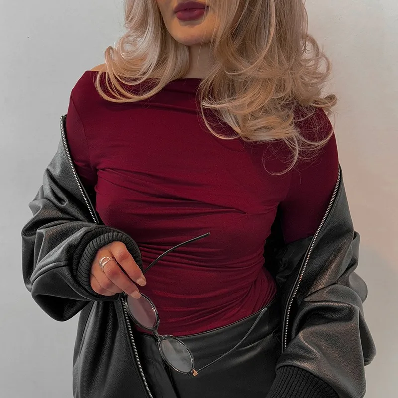 

2025 Autumn and Winter Women's Clothing Off-the-shoulder Diagonal Collar Asymmetrical Pleated Long-sleeved T-shirt Top