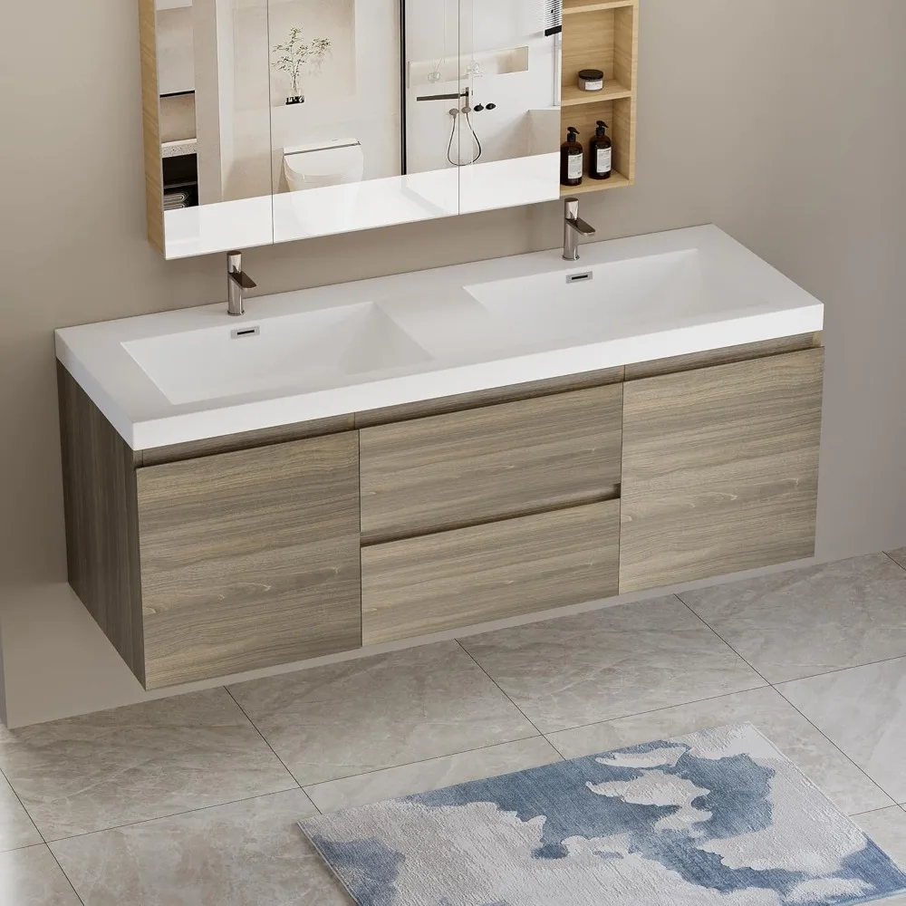 

60" Floating Bathroom Vanity with Sink, Modern Wall-Mounted,Double Resin Top Basins and Soft Close Drawers, Easy to Assemble