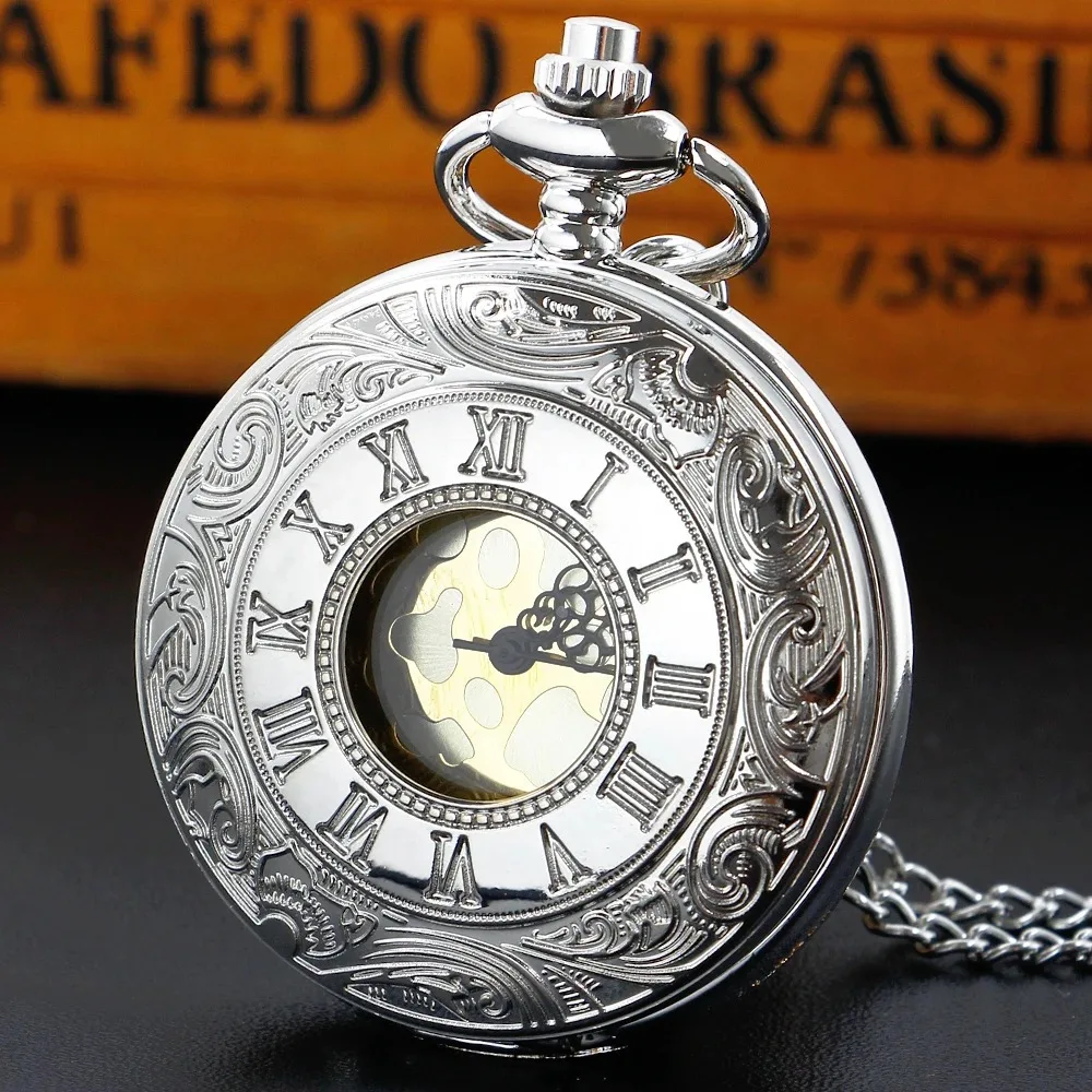 Classic Hollow Vintage Engraved Silver Quartz Pocket Watch Necklace Clock Digital Men's and Women's Best Gift Accessories