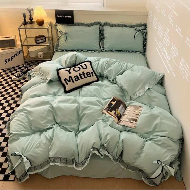 Ins Style Bow Embroidery Pure Cotton Bed Sets Princess Brushed Bedding Set with Lace Single Double Queen King Size Bedclothes