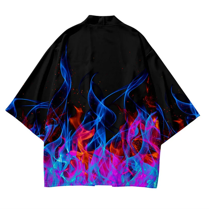 

Japanese Style Red and Blue Flame 3D Printed Cardigan Kimono Harajuku Women Men Yukata Female Streetwear Traditional Haori