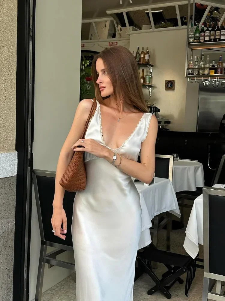 Sexy feminino rendas cetim retalhos maxi vestido casual cor sólida solto fora do ombro vestidos de camisola 2026 senhora novo vestido de festa de praia