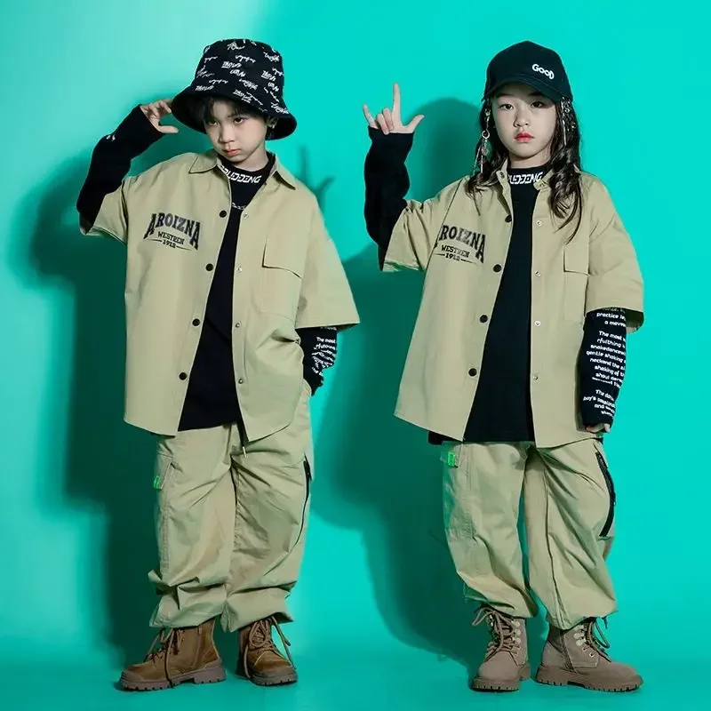 Girls Hip Hop Letters Shirt Cargo Pants Boys Cool Jacket Street Dance Clothes Sets Joggers Kids Blouse Streetwear Jazz Costumes