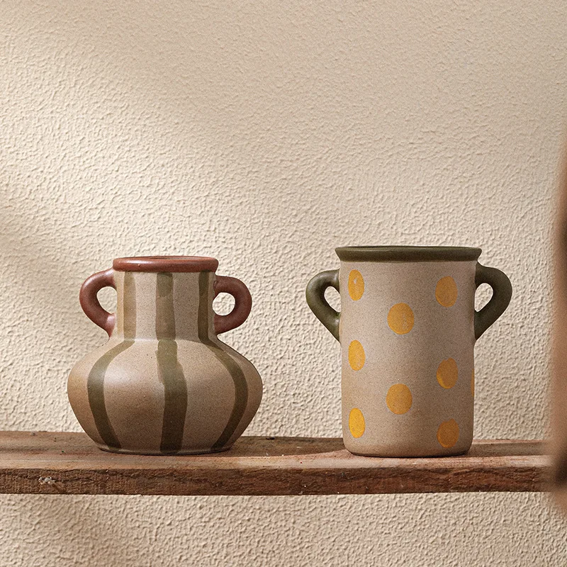 DSA Ceramic Vintage Style Double-Ear Striped Polka Dot Ceramic Vase Small Mouth Hydroponic Creative Niche Niche